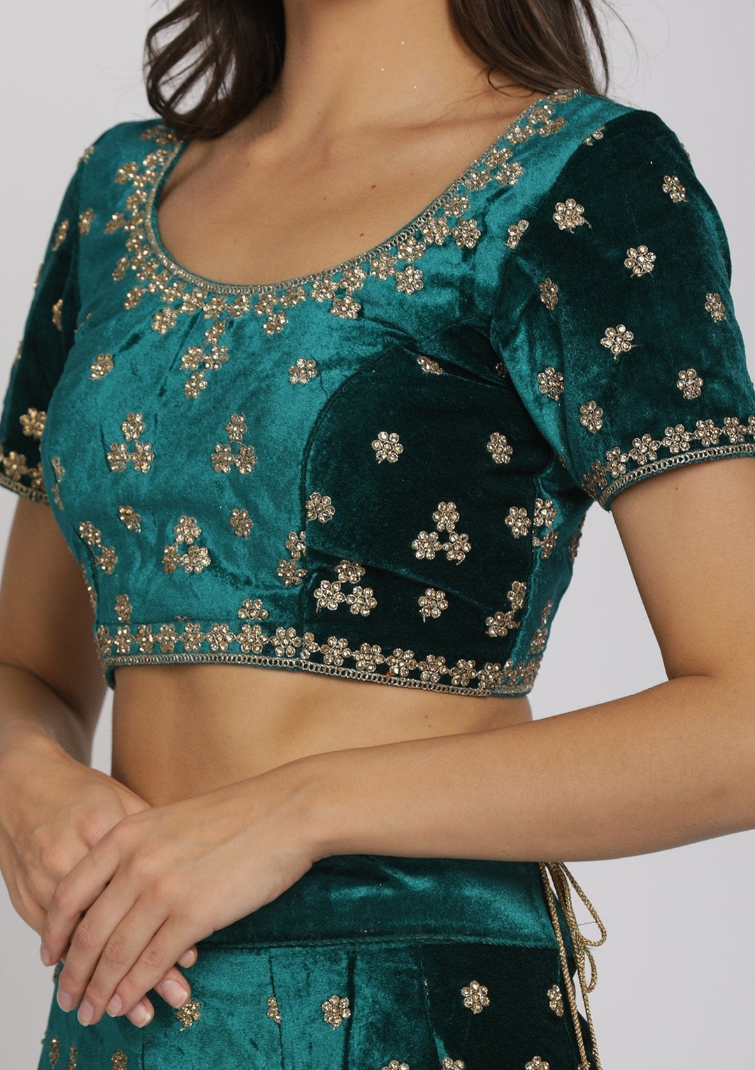 Bottle Green Zariwork Velvet Designer Lehenga - koskii