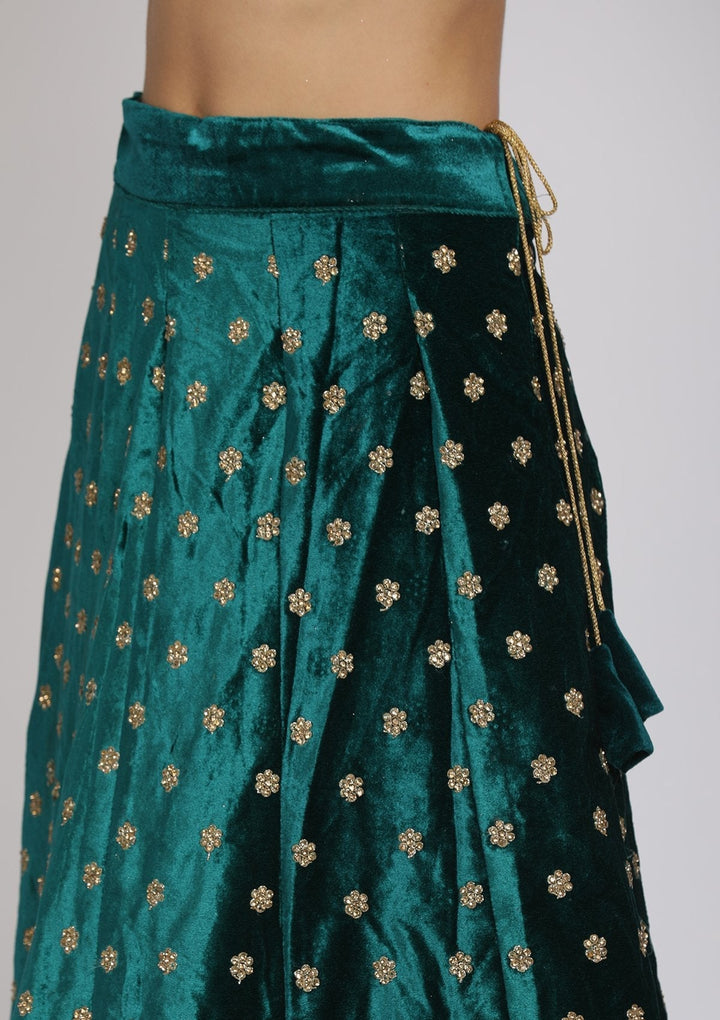 Bottle Green Zariwork Velvet Designer Lehenga - koskii