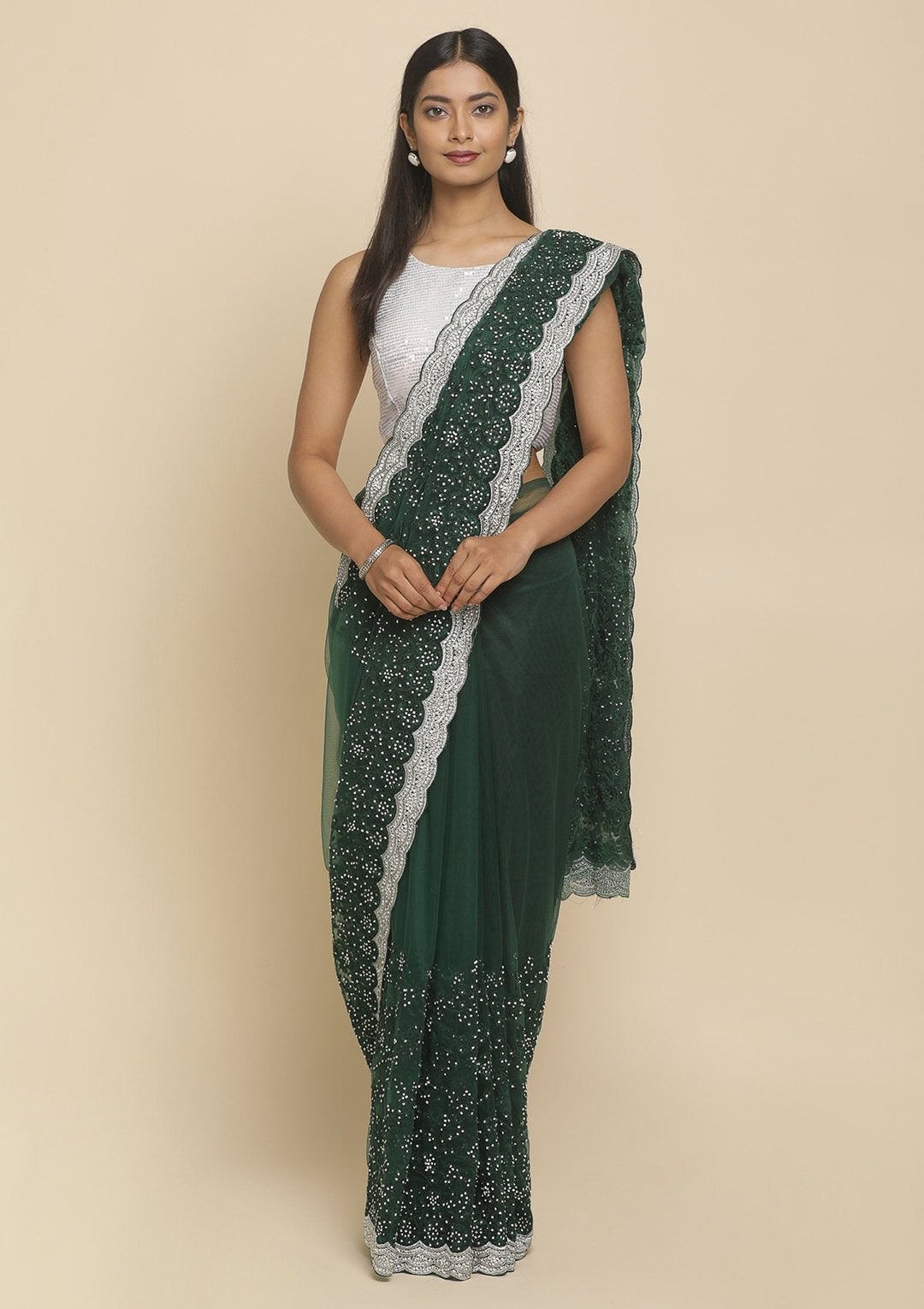 Bottle Green Silver Stonework  Net Designer Saree - koskii