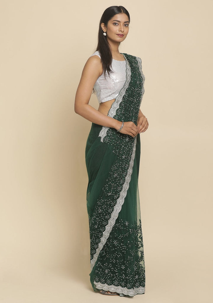 Bottle Green Silver Stonework  Net Designer Saree - koskii