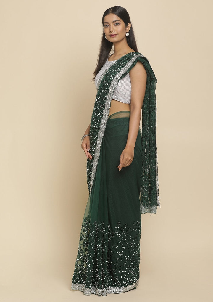 Bottle Green Silver Stonework  Net Designer Saree - koskii