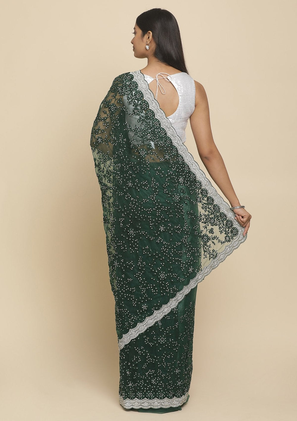 Bottle Green Silver Stonework  Net Designer Saree - koskii