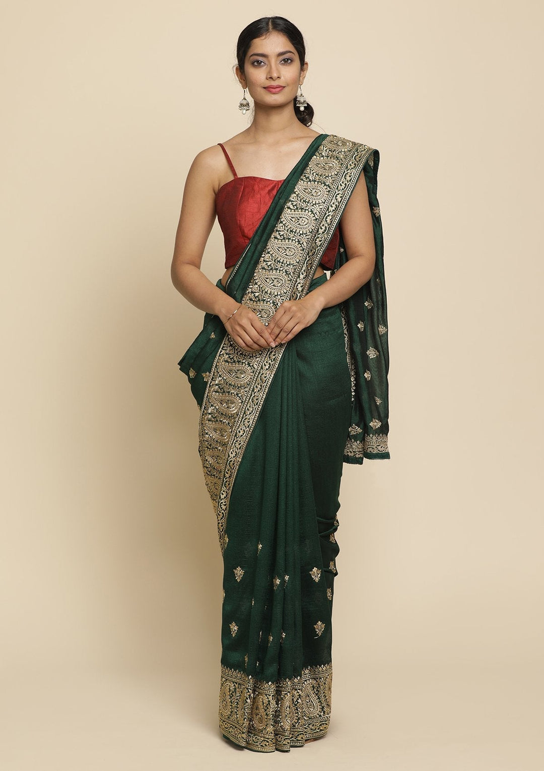 Bottle Green Zariwork  Art Silk Designer Saree - koskii