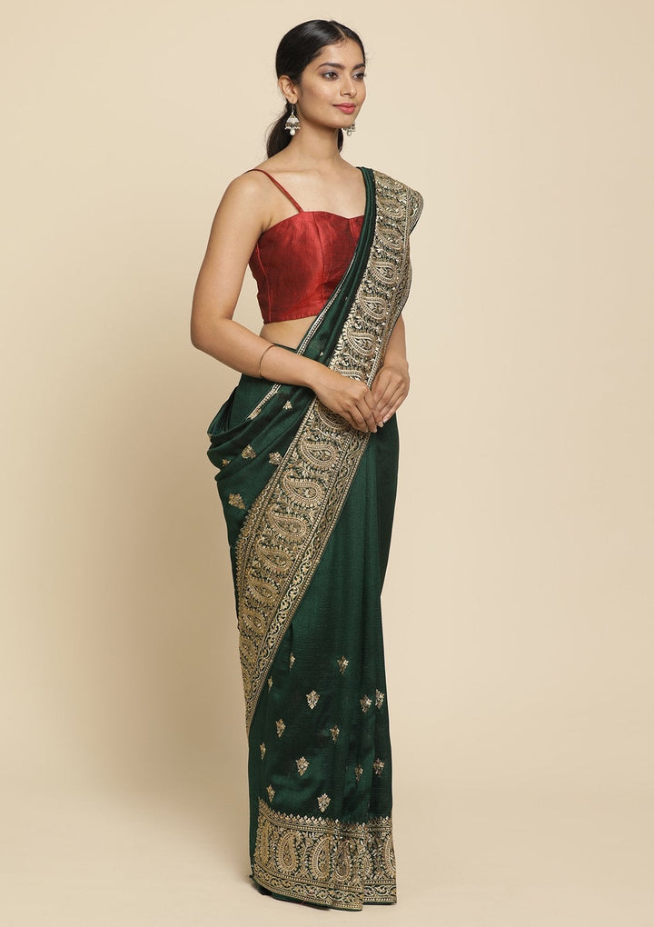 Bottle Green Zariwork  Art Silk Designer Saree - koskii