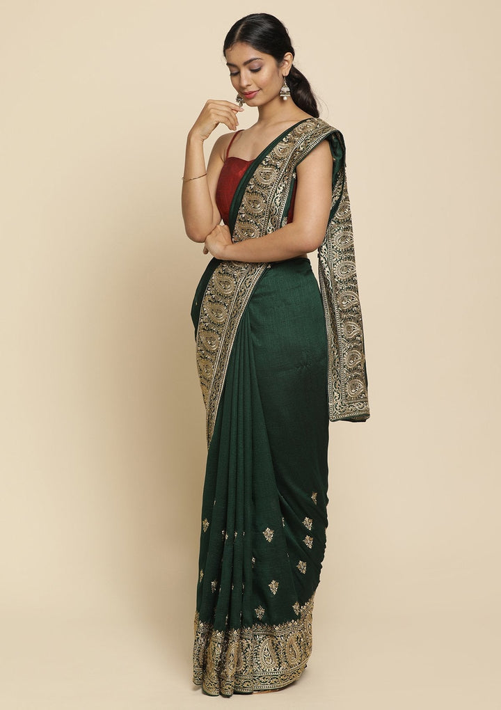 Bottle Green Zariwork  Art Silk Designer Saree - koskii