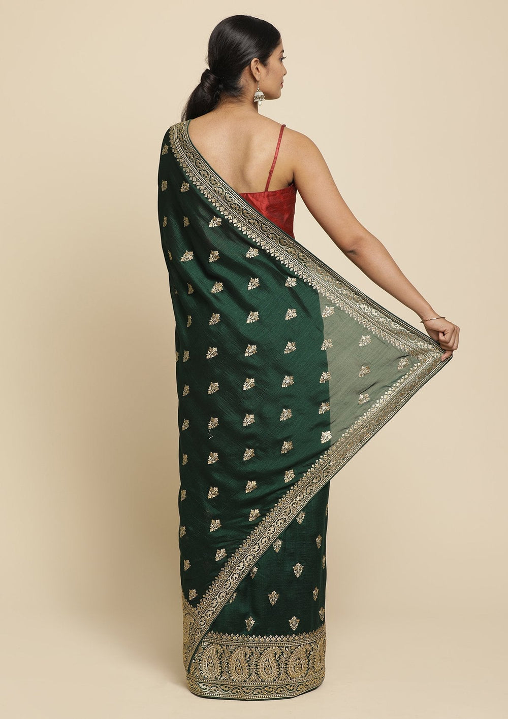 Bottle Green Zariwork  Art Silk Designer Saree - koskii