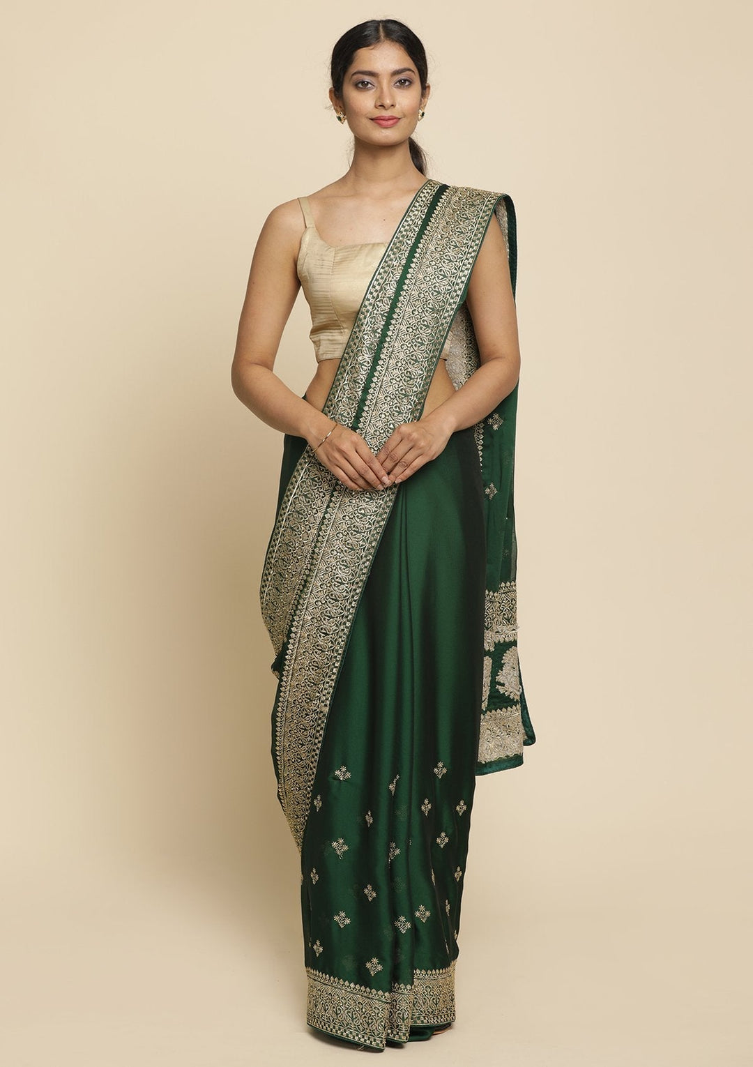 Bottle Green Zariwork  Art Silk Designer Saree - koskii