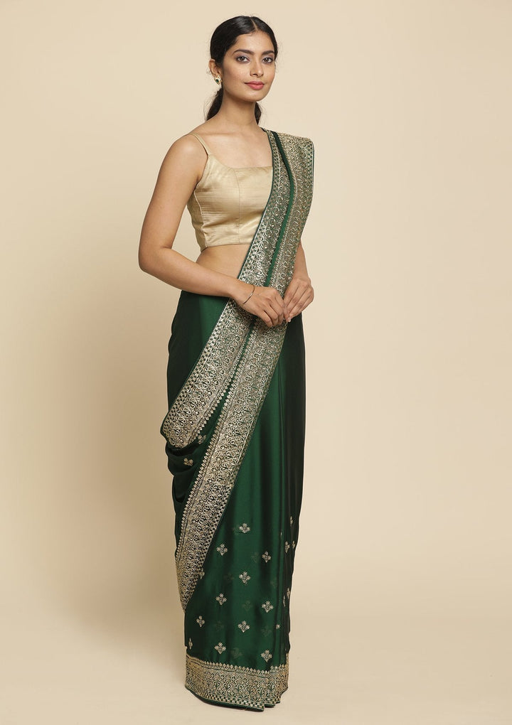 Bottle Green Zariwork  Art Silk Designer Saree - koskii