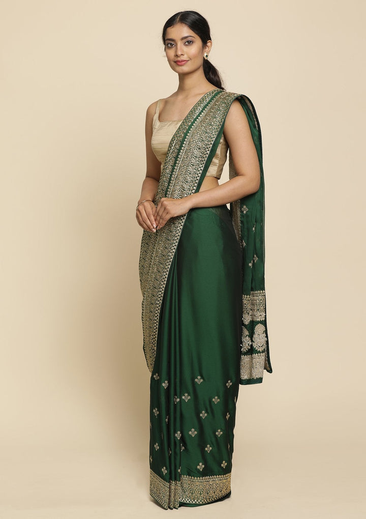 Bottle Green Zariwork  Art Silk Designer Saree - koskii
