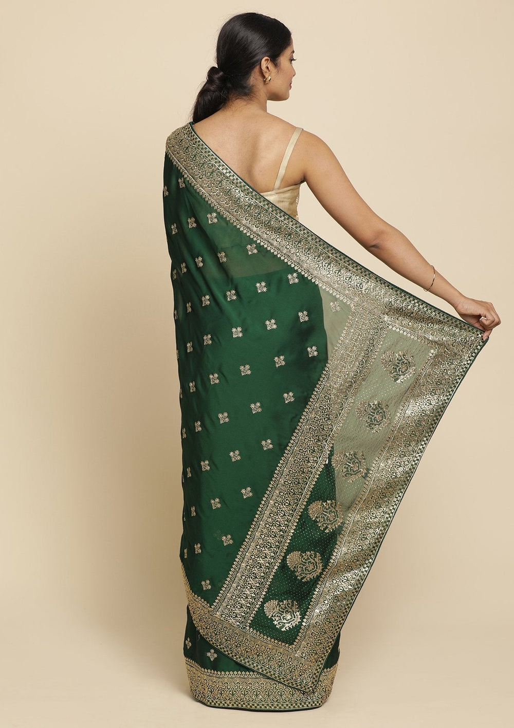 Bottle Green Zariwork  Art Silk Designer Saree - koskii