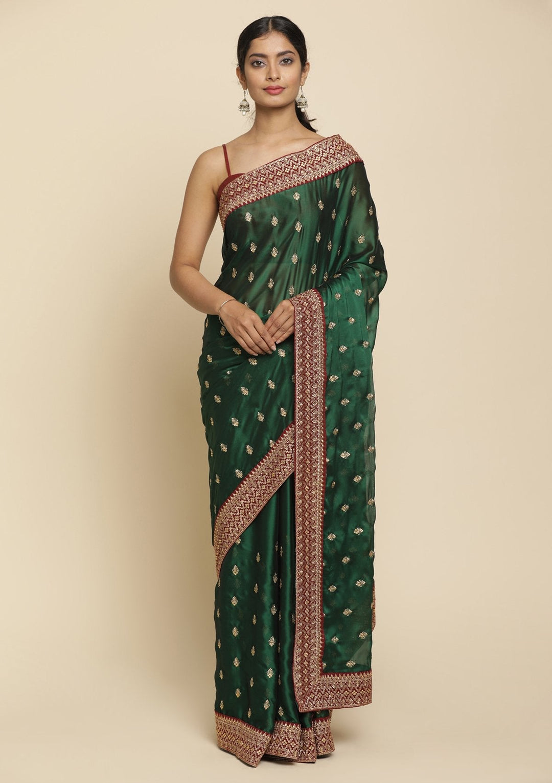Bottle Green Zariwork  Art Silk Designer Saree - koskii