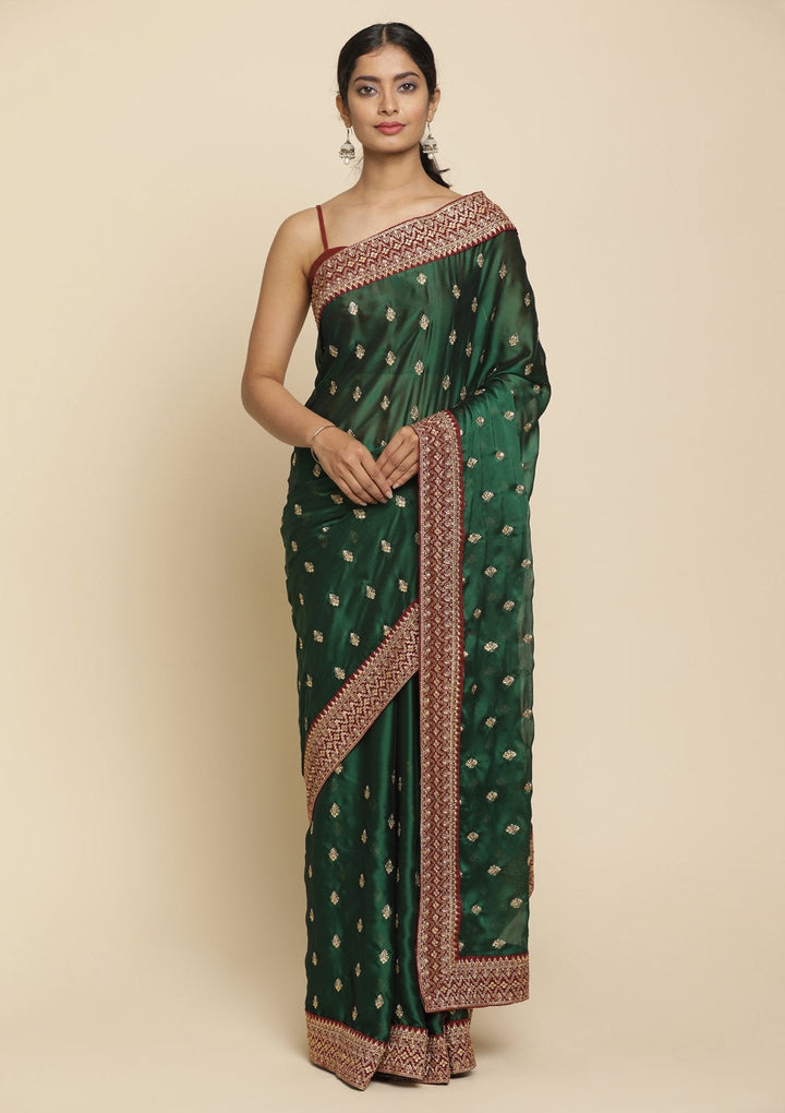 Bottle Green Zariwork  Art Silk Designer Saree - koskii