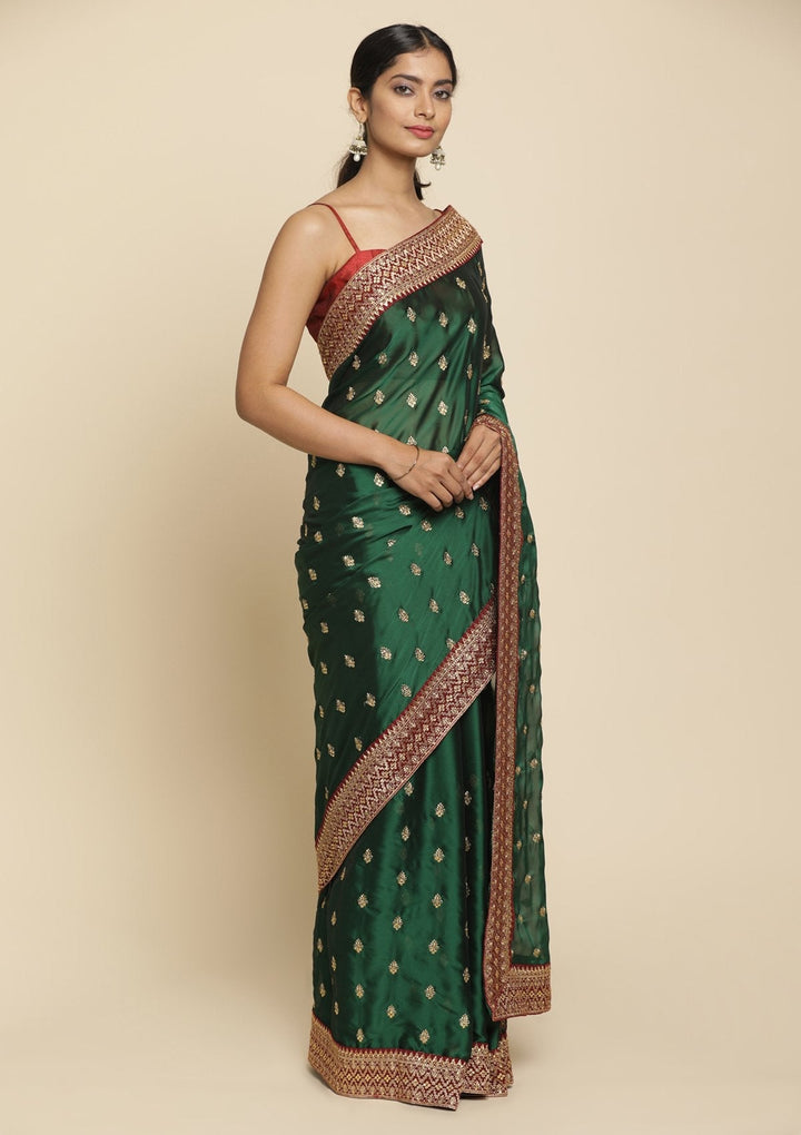 Bottle Green Zariwork  Art Silk Designer Saree - koskii