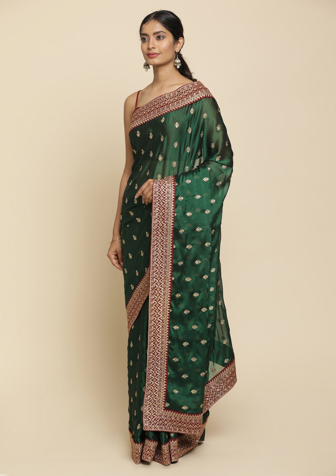 Bottle Green Zariwork  Art Silk Designer Saree - koskii
