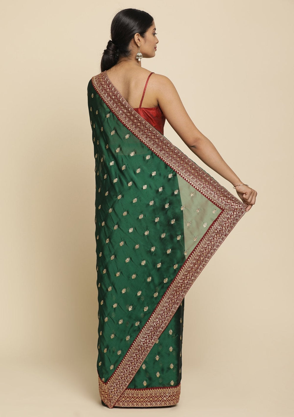 Bottle Green Zariwork  Art Silk Designer Saree - koskii