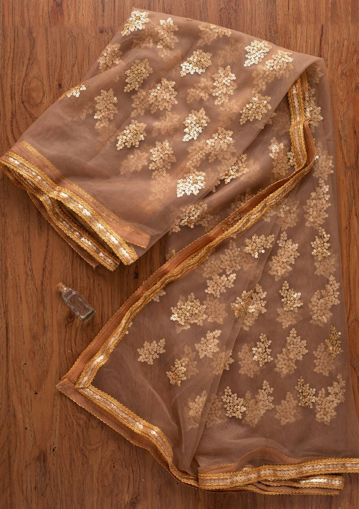 Brown Sequins Net Designer Dupatta - koskii