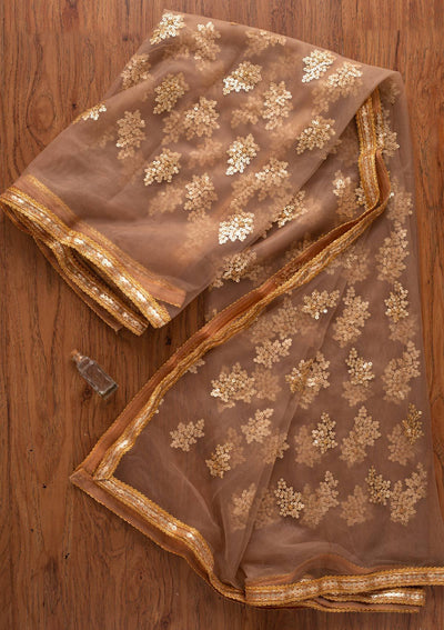 Brown Sequins Net Designer Dupatta - koskii