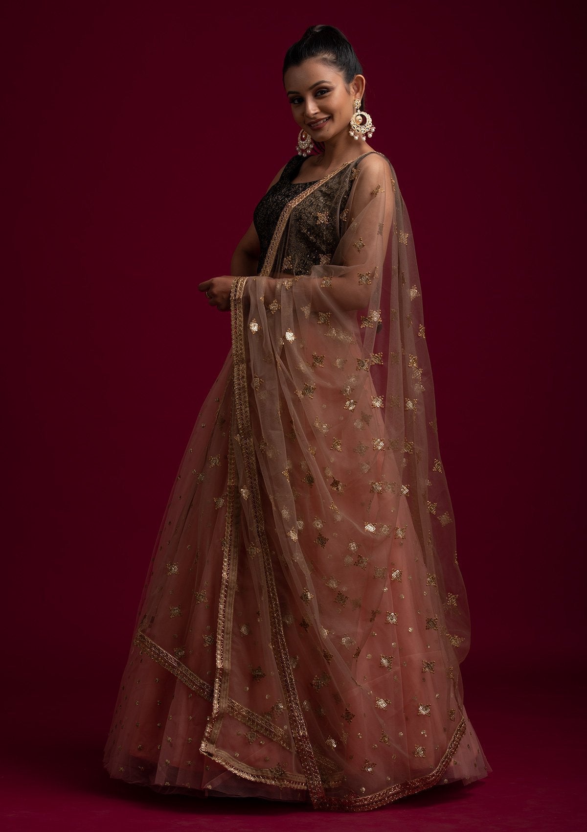 Brown Sequins Net Designer Dupatta - koskii