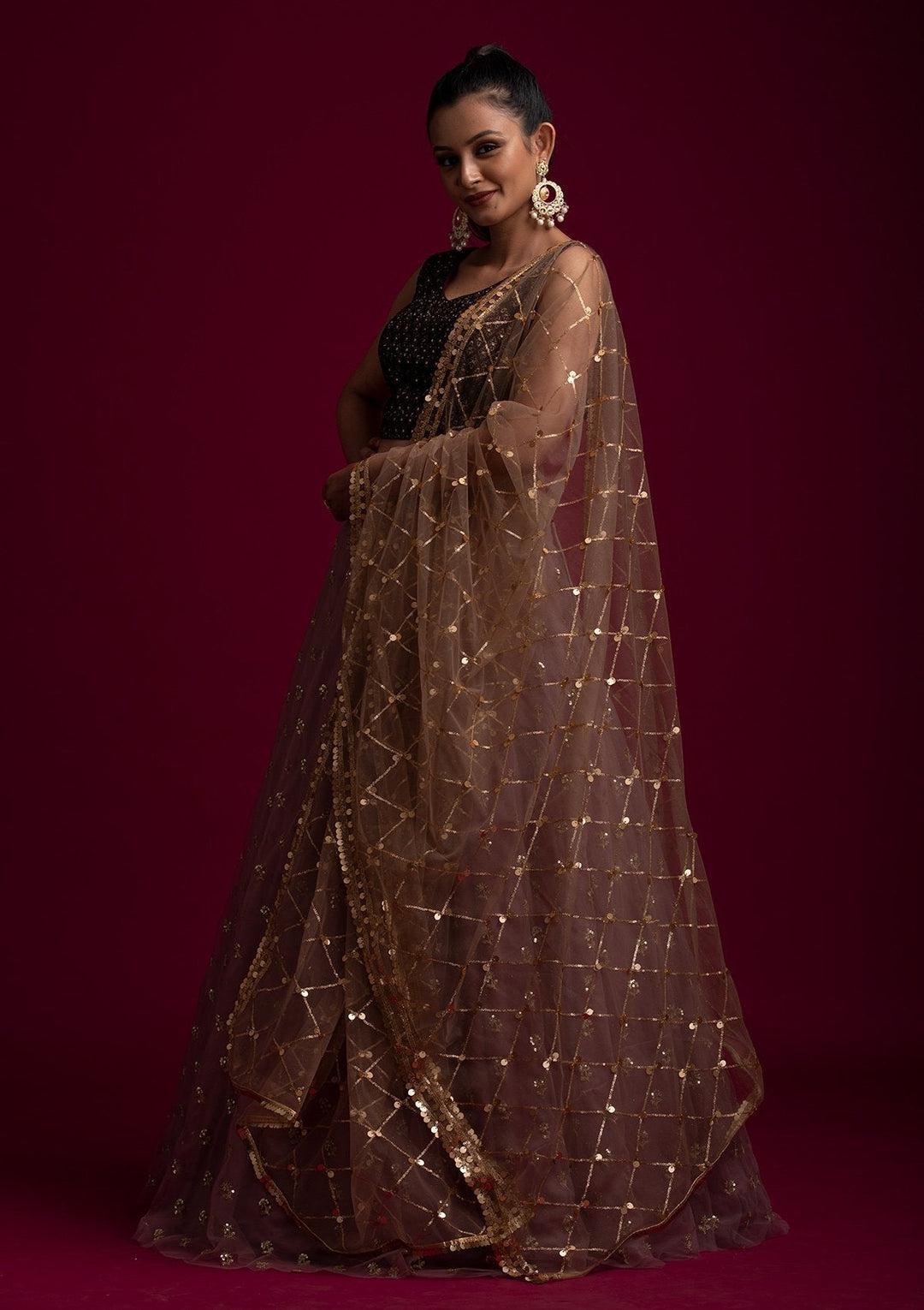 Brown Sequins Net Designer Dupatta - koskii