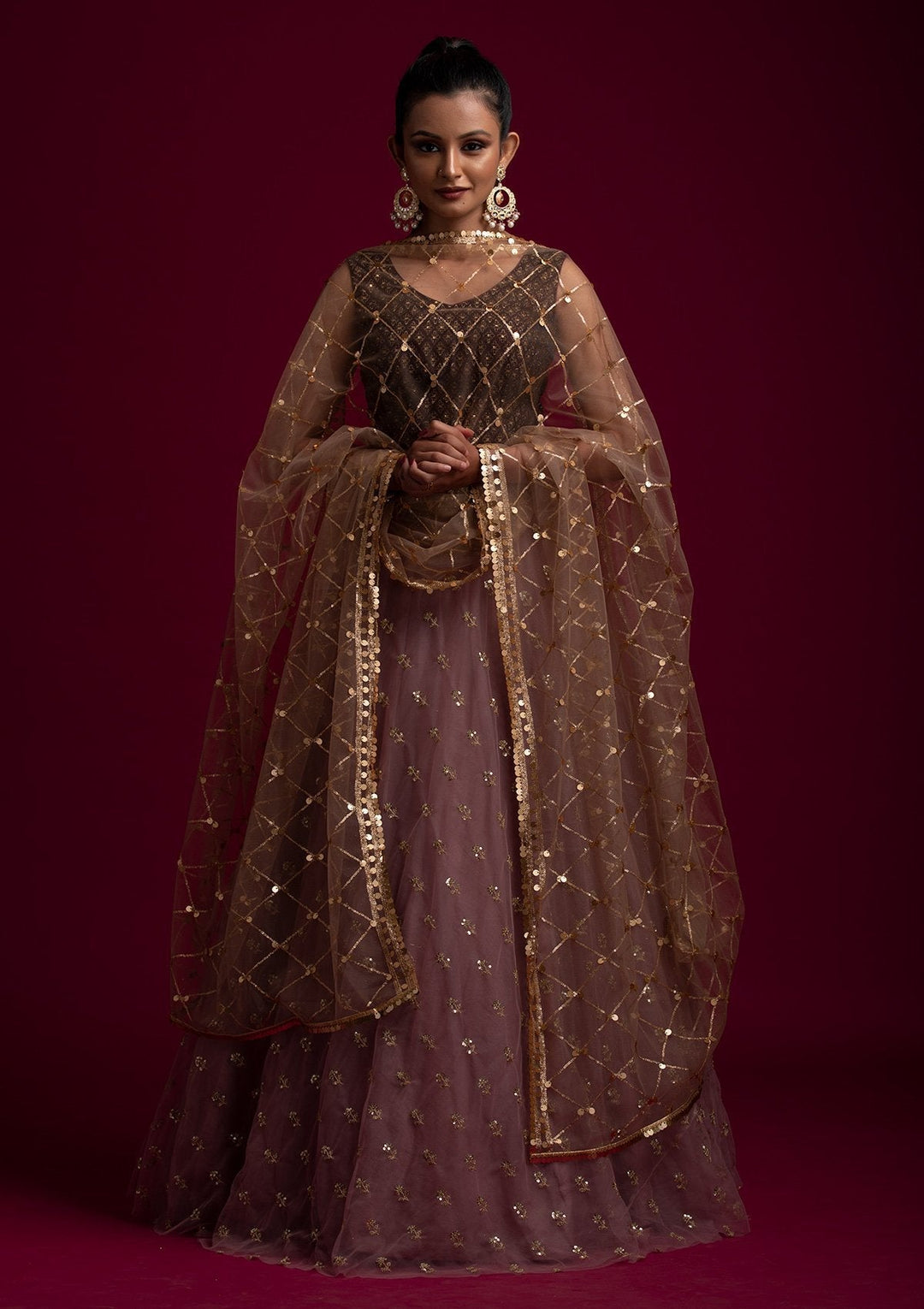 Brown Sequins Net Designer Dupatta - koskii