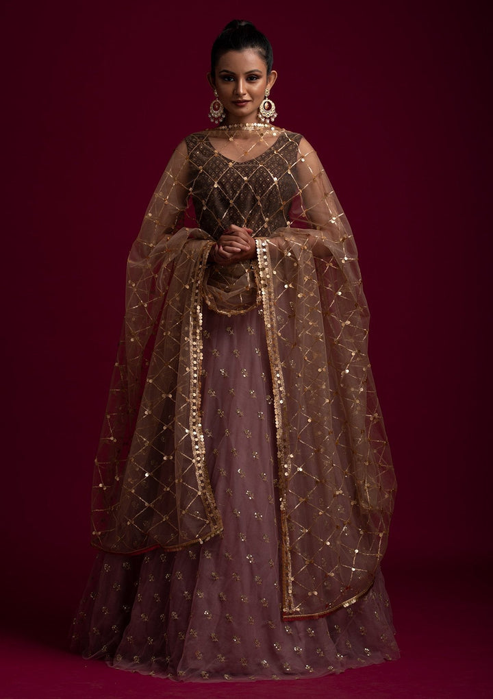 Brown Sequins Net Designer Dupatta - koskii