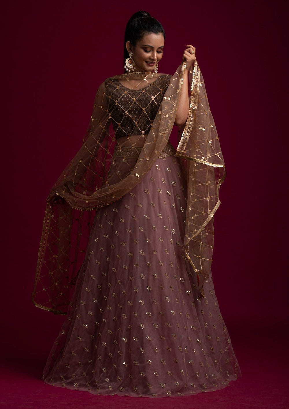 Brown Sequins Net Designer Dupatta - koskii