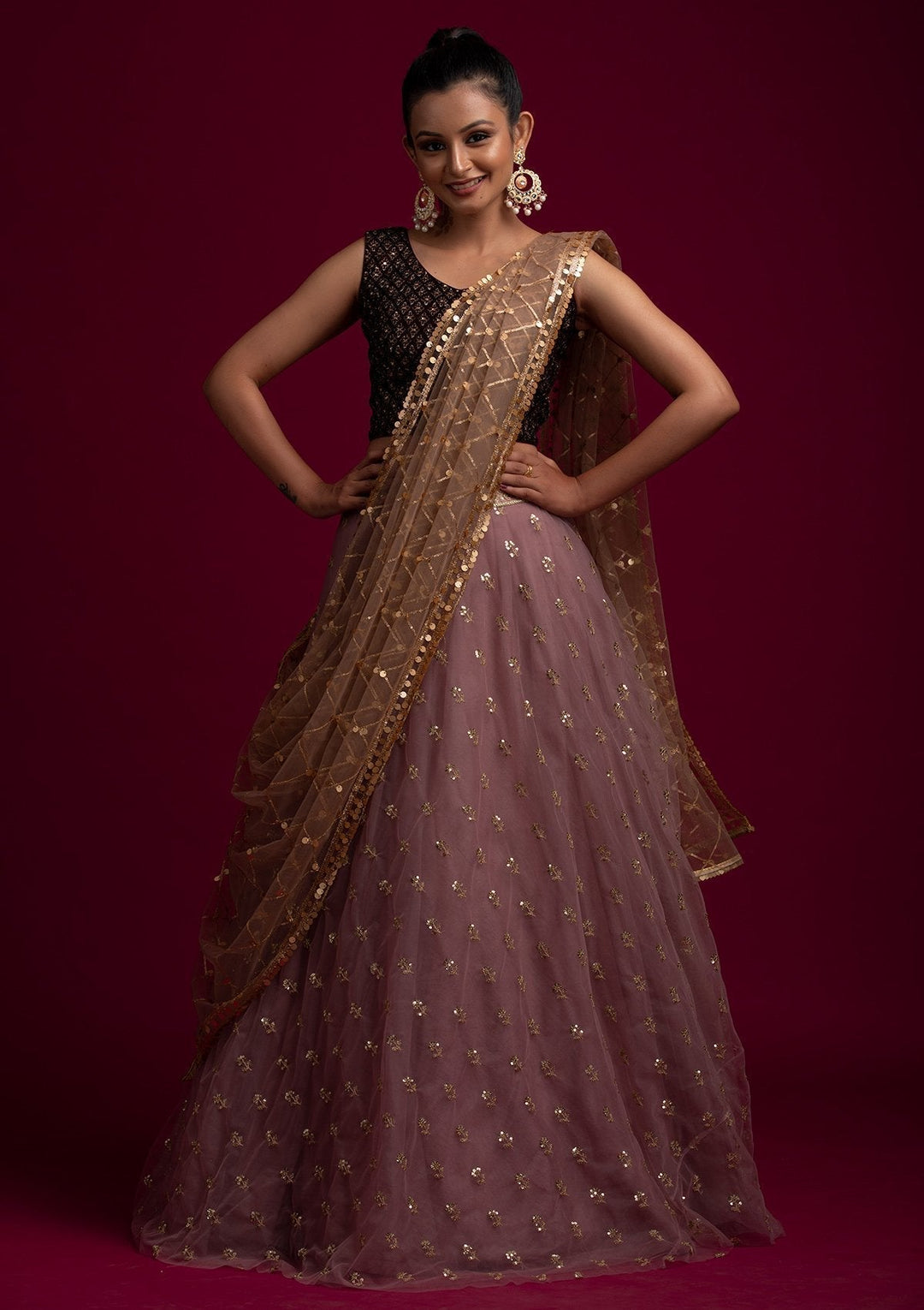 Brown Sequins Net Designer Dupatta - koskii