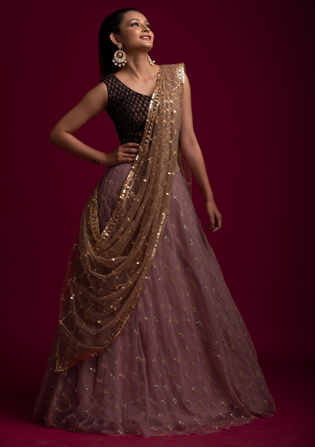 Brown Sequins Net Designer Dupatta - koskii