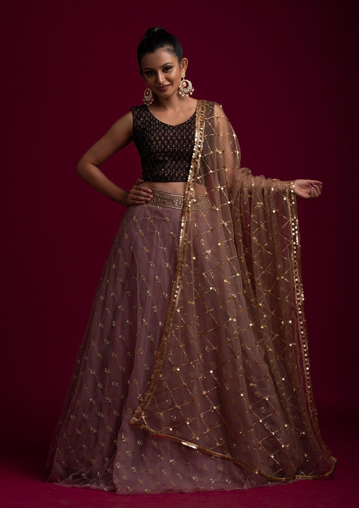 Brown Sequins Net Designer Dupatta - koskii
