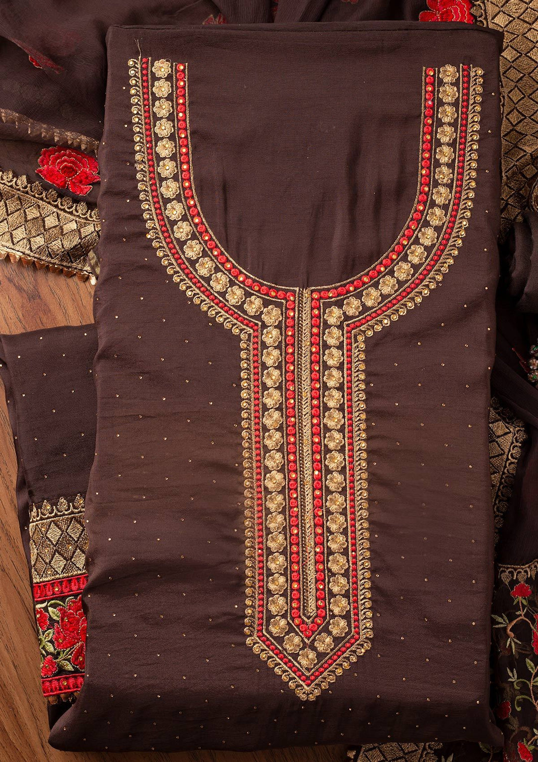 Brown Stonework Satin Designer Unstitched Salwar Suit - koskii