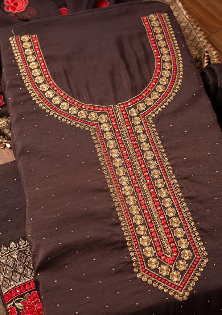 Brown Stonework Satin Designer Unstitched Salwar Suit - koskii