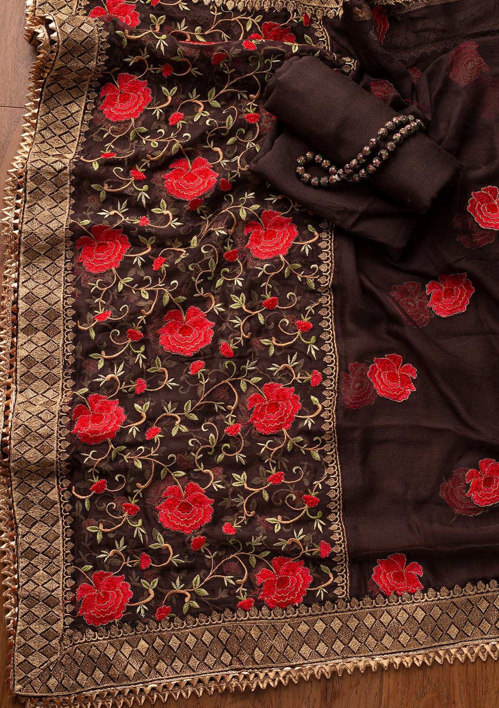 Brown Stonework Satin Designer Unstitched Salwar Suit - koskii