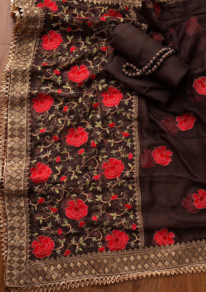 Brown Stonework Satin Designer Unstitched Salwar Suit - koskii
