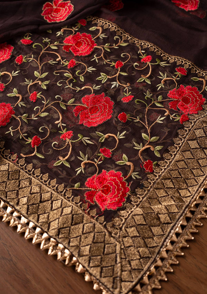 Brown Stonework Satin Designer Unstitched Salwar Suit - koskii