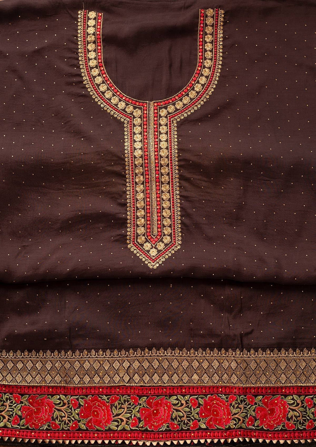 Brown Stonework Satin Designer Unstitched Salwar Suit - koskii