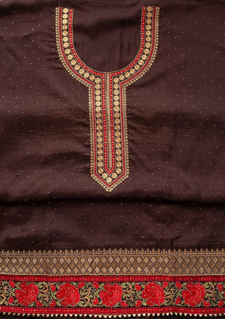 Brown Stonework Satin Designer Unstitched Salwar Suit - koskii
