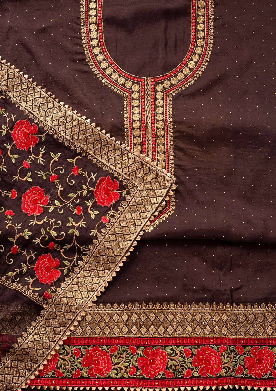 Brown Stonework Satin Designer Unstitched Salwar Suit - koskii