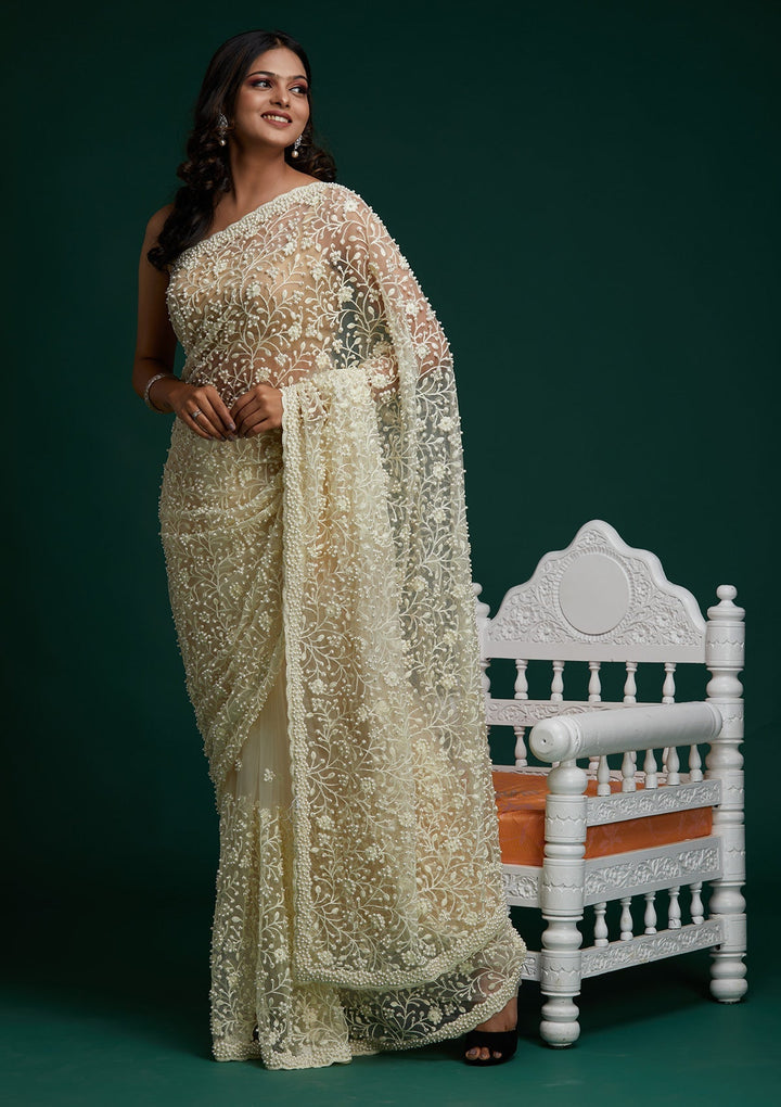 Cream Pearlwork  Net Designer Saree- Koskii