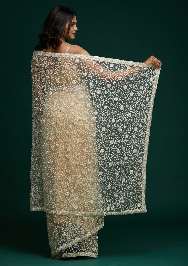 Cream Pearlwork  Net Designer Saree - Koskii