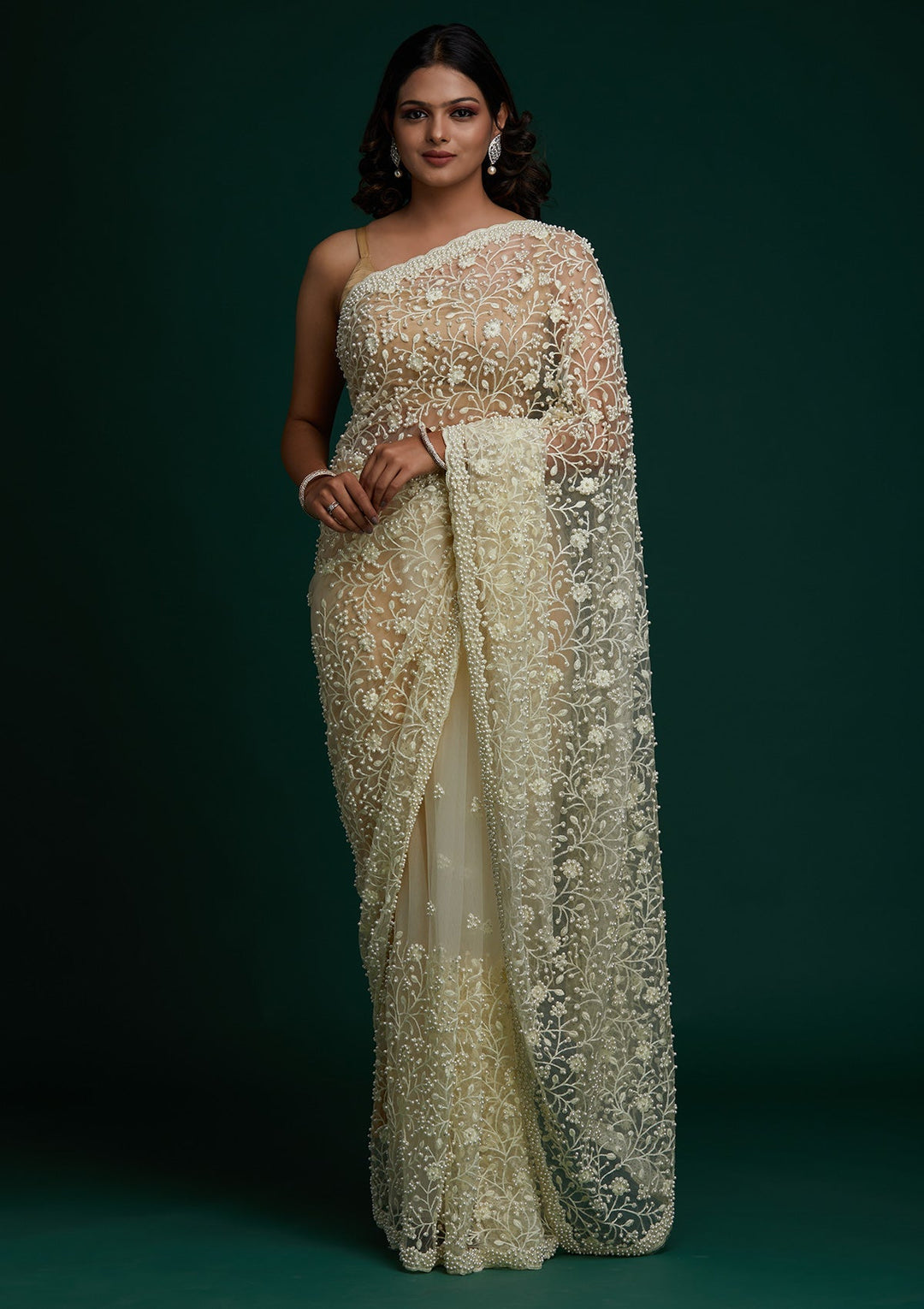 Cream Pearlwork  Net Designer Saree - Koskii