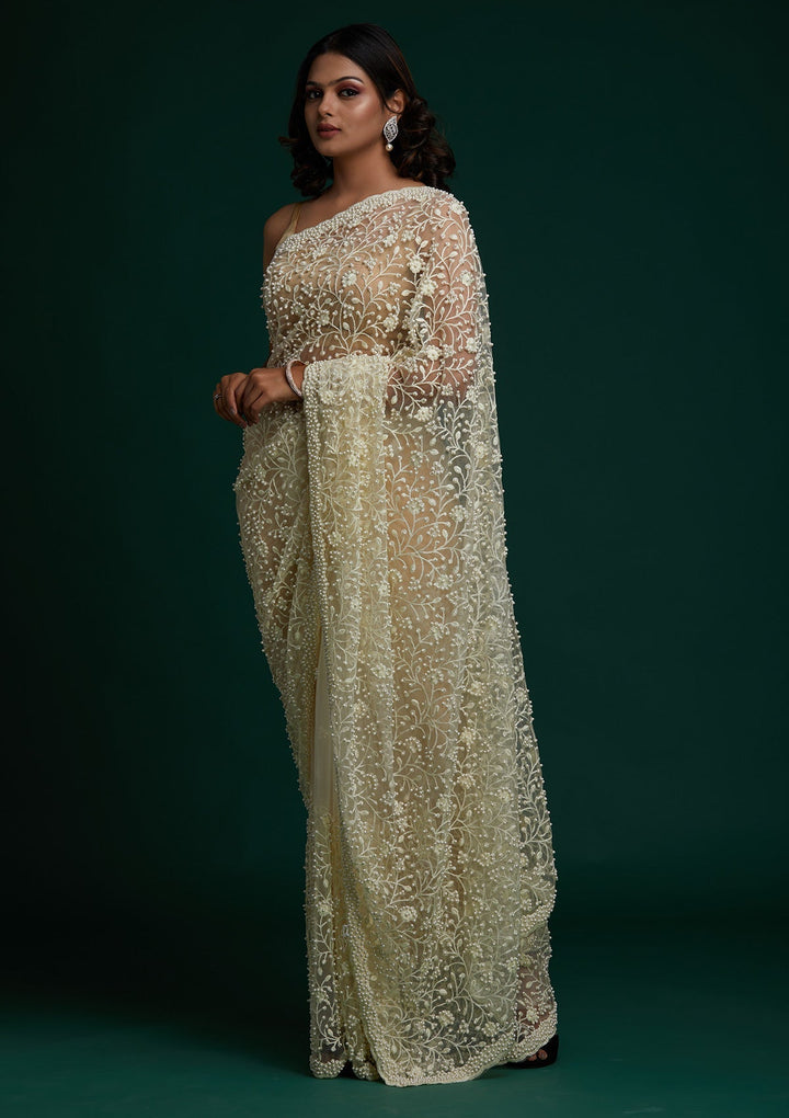 Cream Pearlwork  Net Designer Saree - Koskii