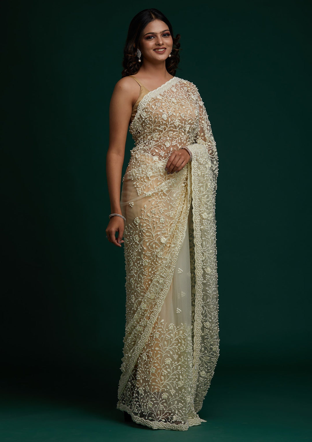 Cream Pearlwork  Net Designer Saree - Koskii
