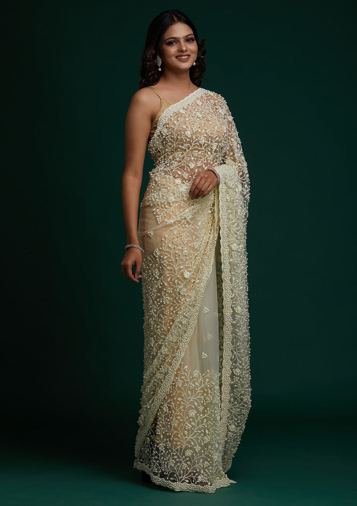 Cream Pearlwork  Net Designer Saree - Koskii