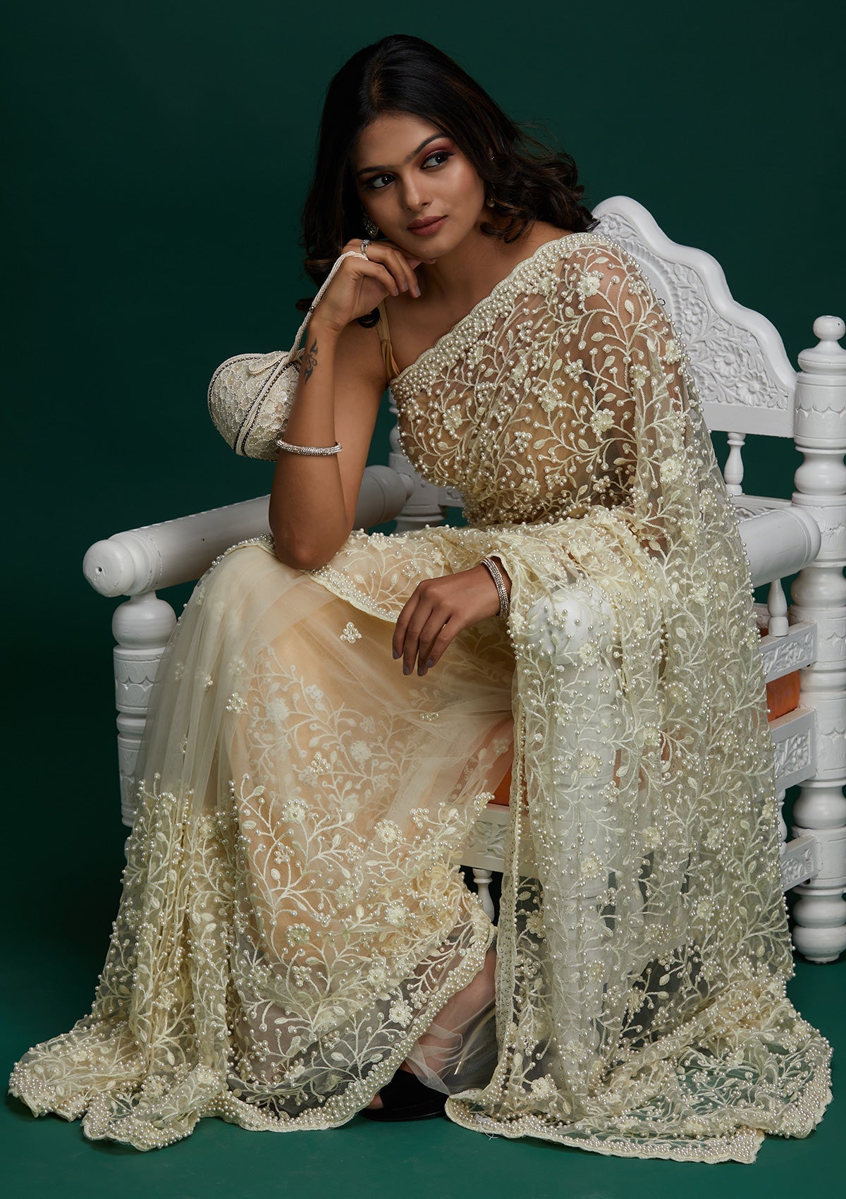 Cream Pearlwork  Net Designer Saree - Koskii