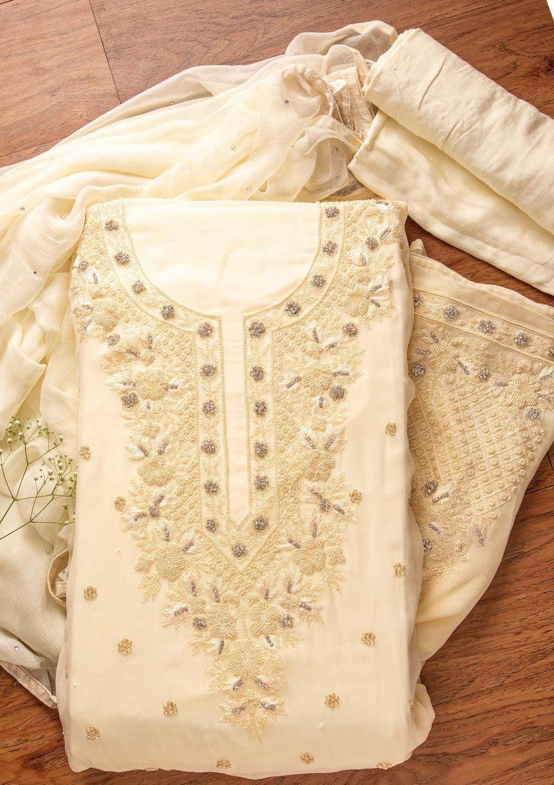 Cream Silver Stonework Georgette Designer Unstitched Salwar Suit - koskii