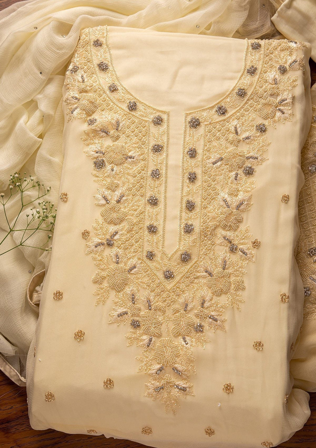 Cream Silver Stonework Georgette Designer Unstitched Salwar Suit - koskii