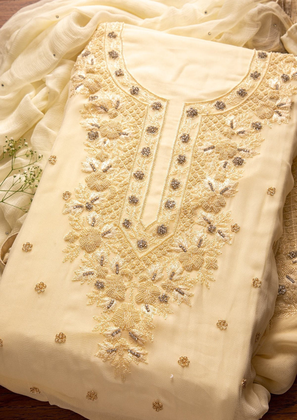 Cream Silver Stonework Georgette Designer Unstitched Salwar Suit - koskii