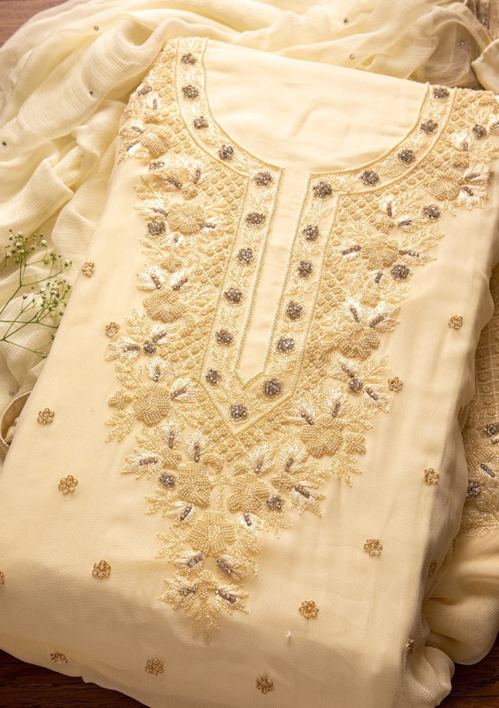 Cream Silver Stonework Georgette Designer Unstitched Salwar Suit - koskii