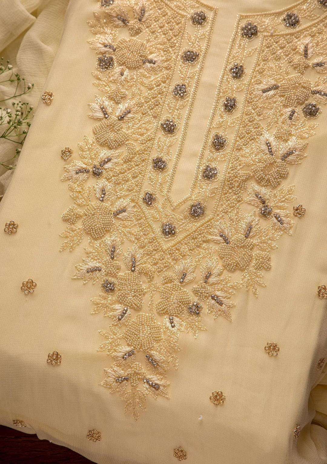 Cream Silver Stonework Georgette Designer Unstitched Salwar Suit - koskii