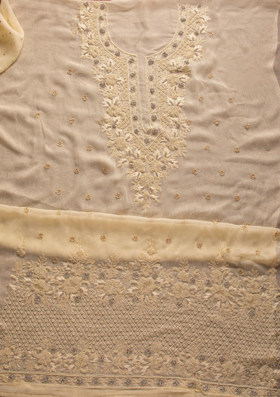 Cream Silver Stonework Georgette Designer Unstitched Salwar Suit - koskii